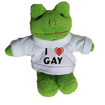 plush frog wearing an "I heart gay" shirt, click to see my stan list